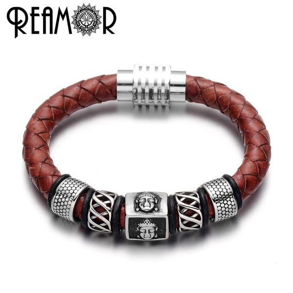 

reamor vintage red genuine leather male charms bracelets 316l stainless steel buddha head bangle for men fashion jewelry, Golden;silver
