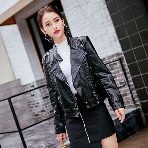 

ewq] 2019 spring autumn new pattern lapel long sleeve solid pu patchwork zipper high street coat women jacket women ad92600xl, Black