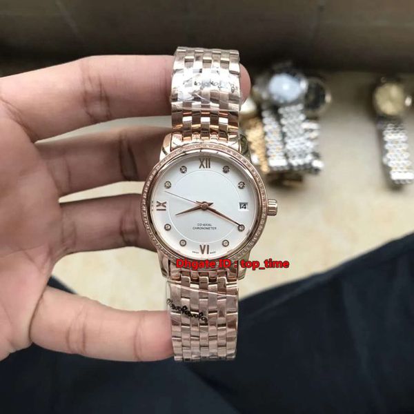 

7 style prestige co-axial 32mm automatic womens watch 424.55.33.20.55.002 diamond bezel white dial 18k rose gold bracelet ladies watches, Slivery;brown