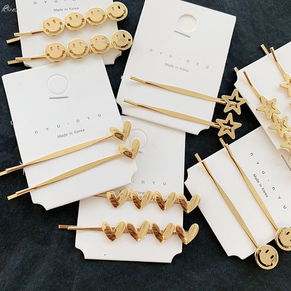 

aomu korea simple metal hairpins for women hollow star heart shape hair clips gold color smile face hairgrip hair accessories