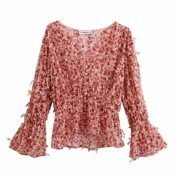 

new 2020 women elegant v neck flare sleeve printing casual chiffon blouse female texture shirts leisure chic chemise ls6550, White