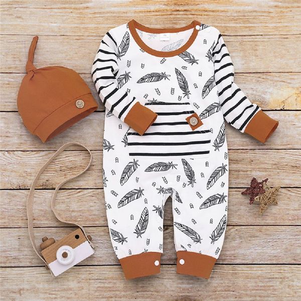 

2019 newborn kid baby girl boy feather striped print clothes autumn winter warm romper jumpsuit with hat autumn outfit, Blue