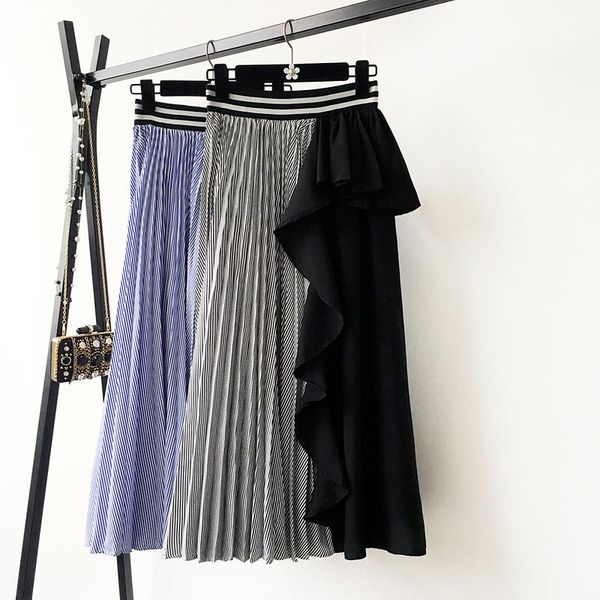 

irregular pleated skirt women new fashion stripes ruffles skirts girls ladies wummer autumn mid-long skirt nancylim, Black