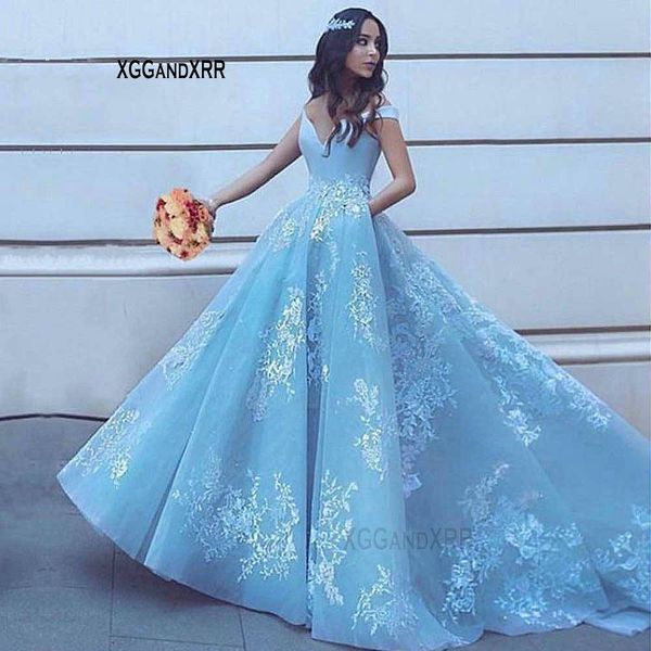 

elegant v neck sky blue long prom dresses 2019 charming white applique formal evening party dress real a-line lace party gowns, White;black