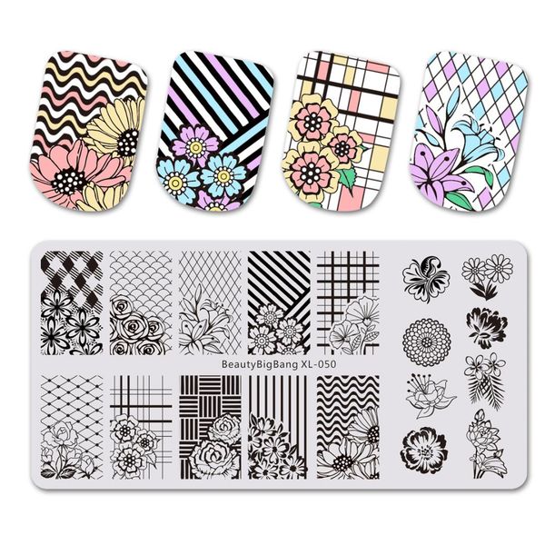 

beautybigbang rectangle nail stamping plates flower grid plaid geometric image print stencil nail template xl-50, White