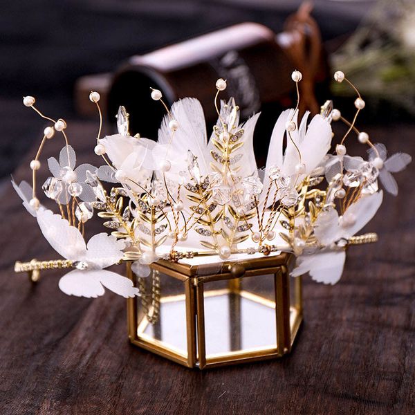 

forseven fashion yarn butterfly bridal bride wedding hair jewelry crown tiara crystal simulated pearl bead headband accessories, Golden;white