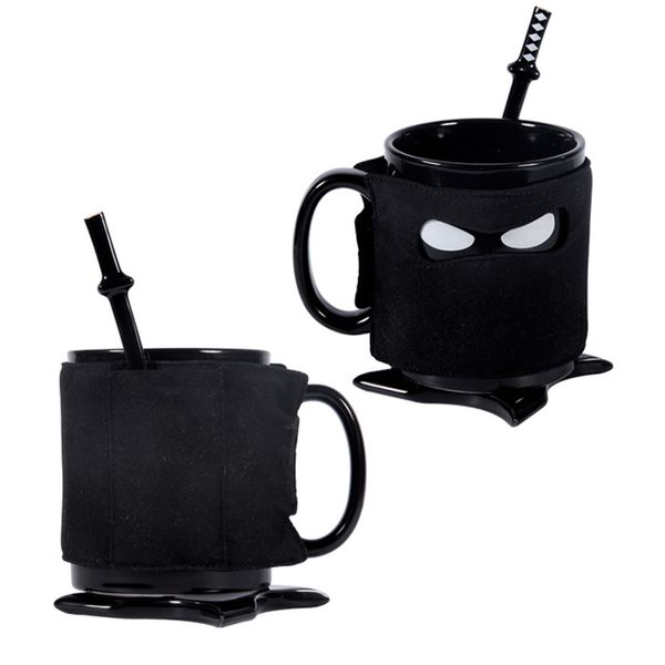 

ninja mug cup ceramic coffee cup with spoon coaster mats ninja mask milk tea drinking cup kitchen bar tools xmas halloween 4pcs/set xd21761