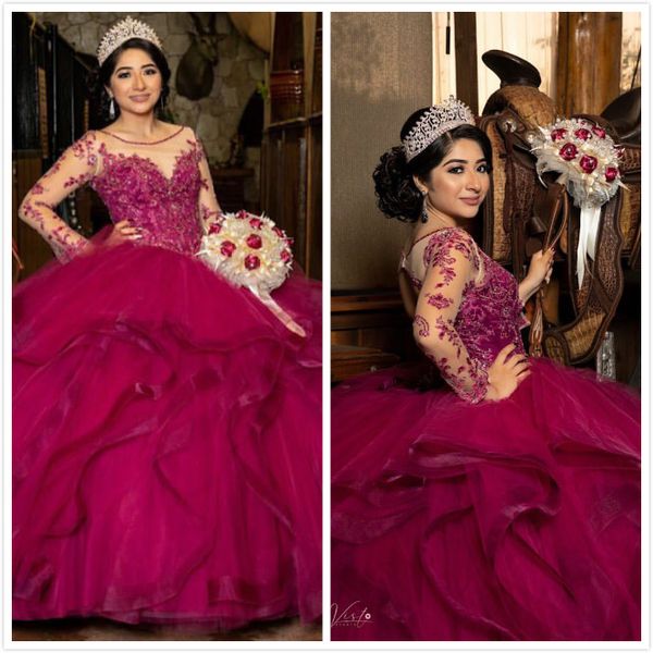 

fuchsia lace beaded quinceanera prom dresses sheer neck long sleeves tiers tulle ball gown evening party sweet 16 dress, Blue;red