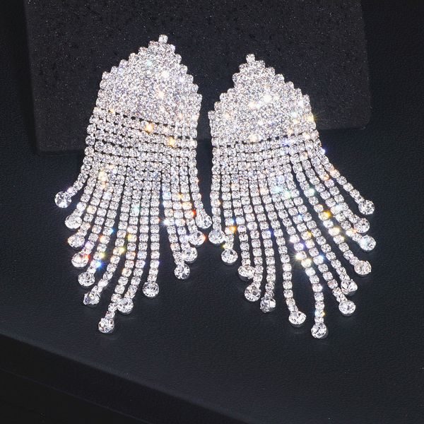 

sparkling silver color rhinestone long tassel earrings for women fashion wedding jewelry crystal dangle drop earrings 2019 wx204