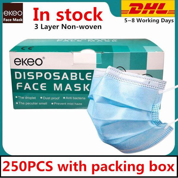 

fast ship 250pcs disposable face mask 3 layer ear-loop dust mouth masks cover 3-ply non-woven disposable dust mask soft breathable dhl