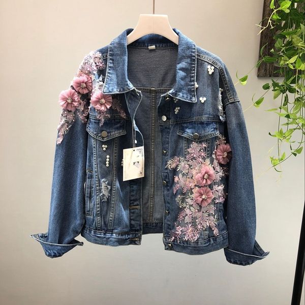 

new product heavy three-dimensional beaded pink embroidered hole denim short jacket women coats and jackets women denim jacket, Black;brown