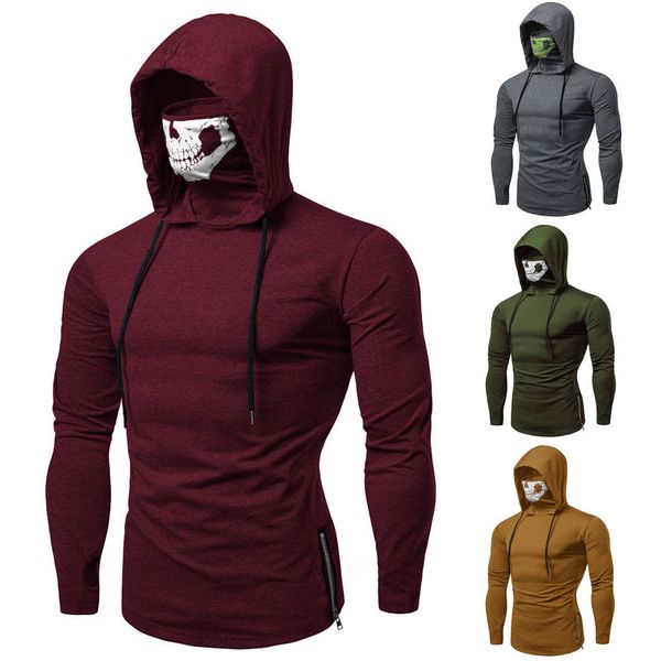 

cool mens casual long sleeve masked hoodies sweatshirt zipper pullover jumper with skull mask outdoor biking clothes, Black