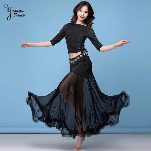 

belly dance costume silver drawstring big swing skirt performing exercise set women's stage wear, Black;red