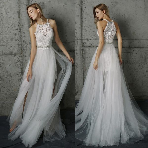 

2019 Latest Short Lace Wedding Dresses with Tulle Overskirts Beaded Sash Wedding Gowns Halter Lace Sleeveless Cheap Dress for Bride