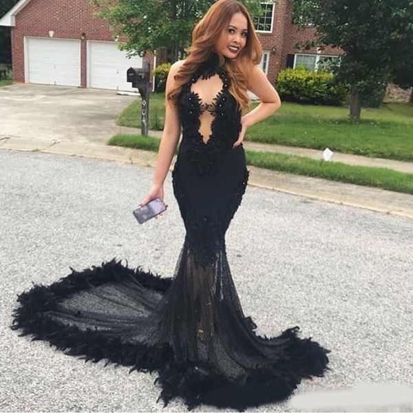 

black 2k19 prom dresses halter feather beads lace plus size black girls arabic formal mermaid evening gowns see through party dress