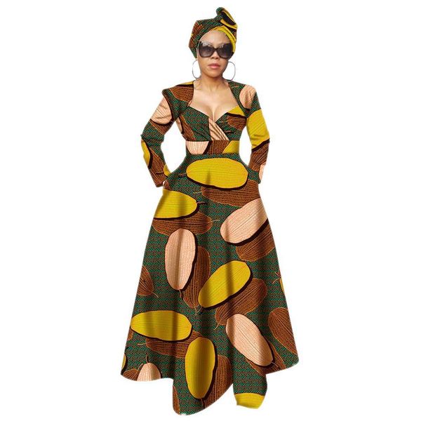 

african dresses for women dashiki ankara print long sleeve +headwrap 20 x 70inch, Black;gray