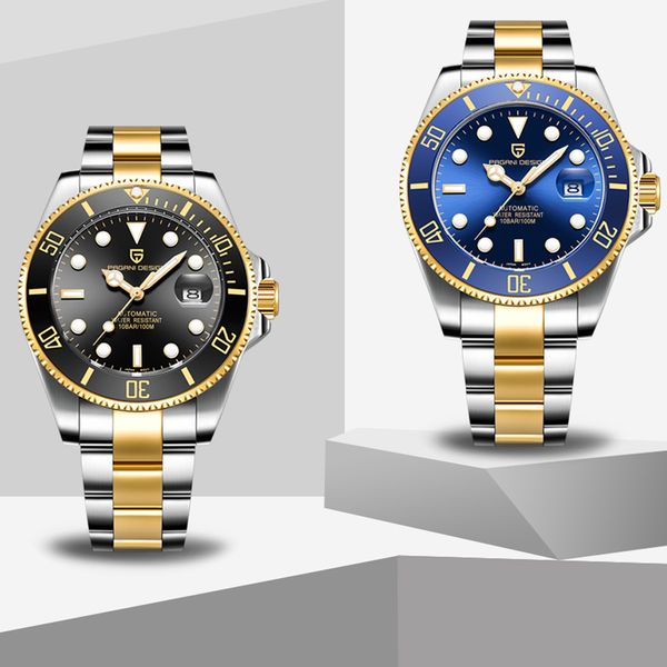 

pagani 43mmwater призрак серии классический синий черный циферблат роскошные мужчины автоматические часы stainles100m водонепроницаемый меха, Slivery;brown