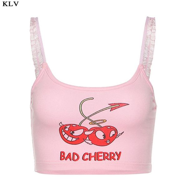 

women summer spaghetti strap ruffles crop pink cartoon bad cherry print camisole cute backless slim sling vest, White