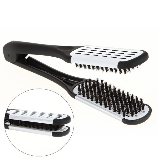 

pro hairdressing straightener ceramic hair straightening double brushes v shape comb clamp not hurt styling tools, Silver