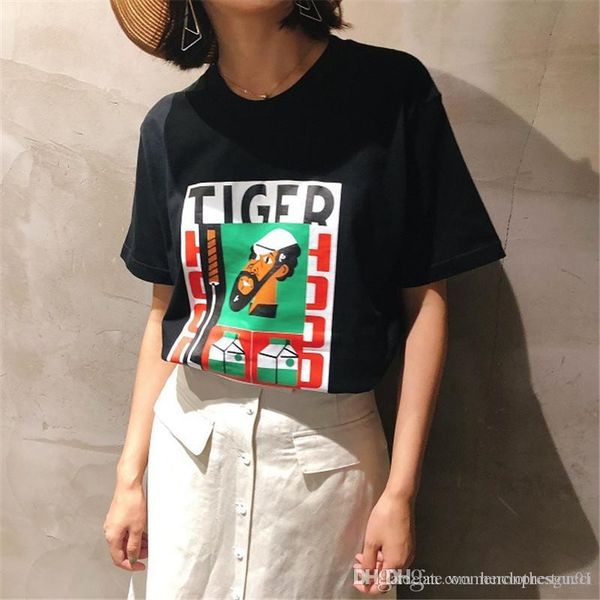 

модельер письмо printed tops лето смешной женщина шея экипаж tshirt случайных пары с коротким рукавом свободной одежды, White