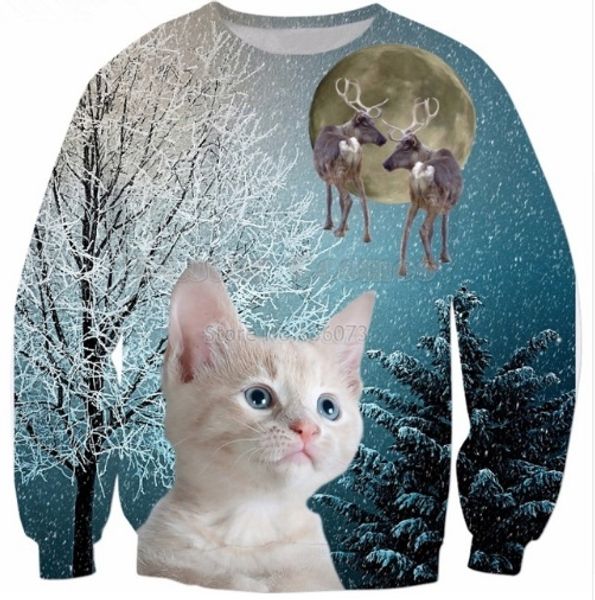 

новая мода рождество толстовка белый кот и оленями печати 3d hipster мужские женские повседневные пуловеры, Black