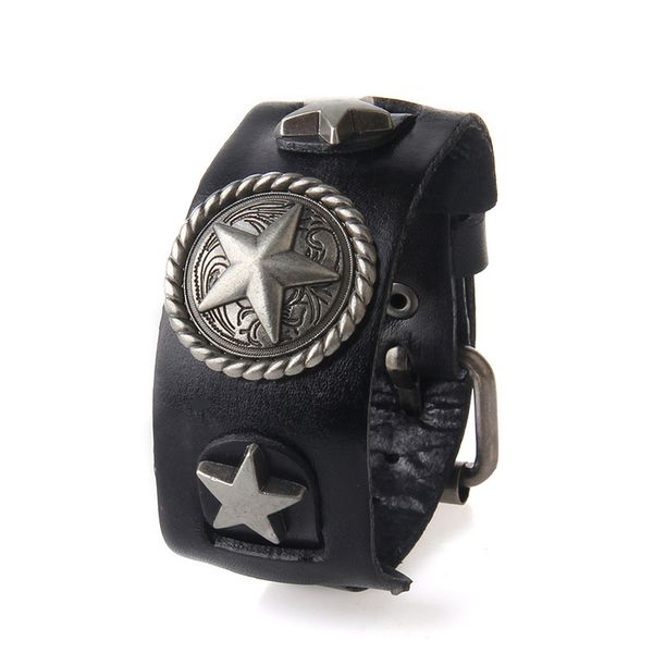 

shangxin cowhide bracelet pentagonal star alloy cowhide mens bracelet wholesale european and american jewelry, Golden;silver