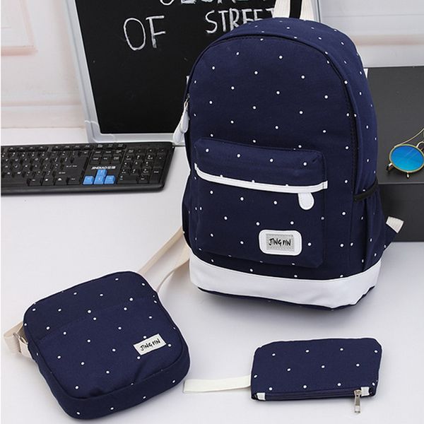 

student fashion backpack canvas shoulder bag three-piece set school bag wave point water-proof travel backpack unisex