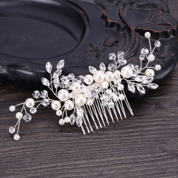 

handmade silver pearl flower hair comb bride tiaras crowns headpiece wedding bridal noiva hair jewelry accessories for women, Golden;white