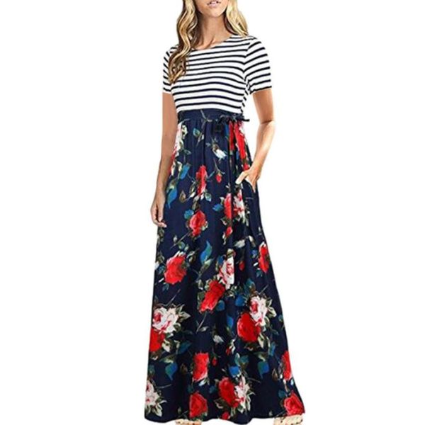

женщины maxi длинное платье лето дамы с коротким рукавом цветочные printed бич sundress женский boho полосатый платья партии vestidos # lr3, Black;gray
