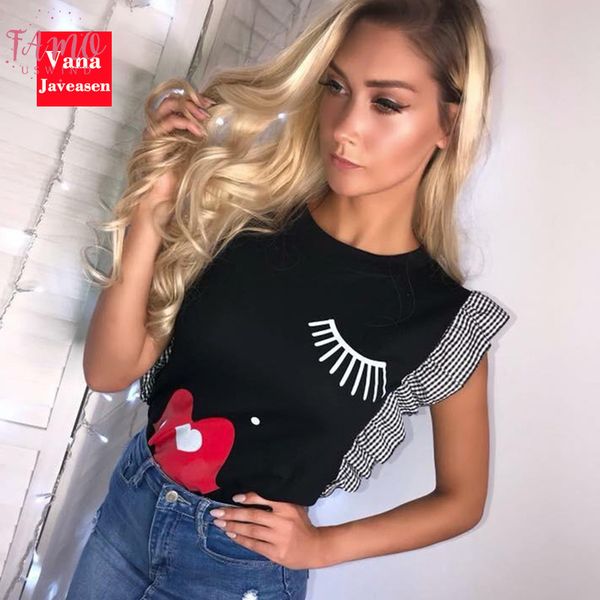 

vana javeasen women ruffle fashion t shirt eyelashes red lips print tees o neck butterfly sleeve womans clothes simple, White
