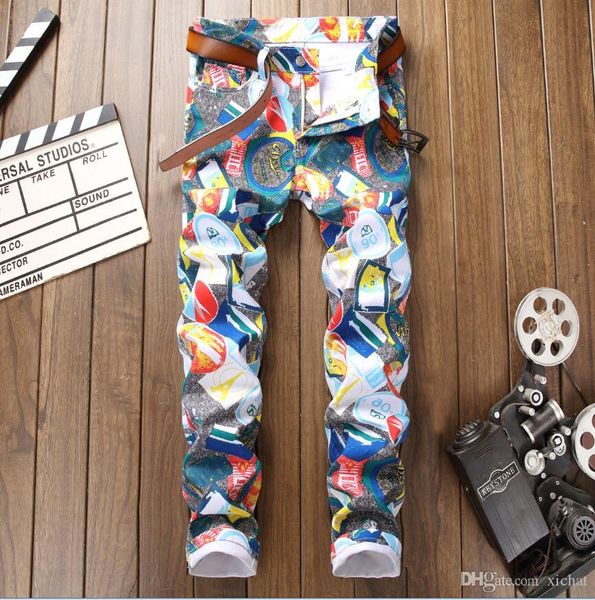 

mens digital printed slim fit jeans pants fashion designer stretch high street straight leg trousers big size 5005, Blue