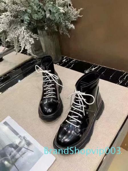 

ang new women boots leather woman short boots flat thicken low heeled chunky shoes casual platform desert boot femmes, Black