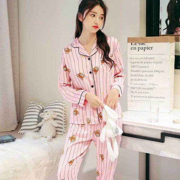 

cute cartoon pyjamas women stripe satin pajamas sets 2019 new spring long sleeve 2 pcs suit casual silk home clothing sleepwear, Blue;gray