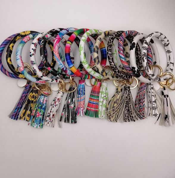 

10pcs mixed colors pu leather o key chain custom circle tassel wristlet bracelet keychain women girl key ring wrist strap1800841, Silver