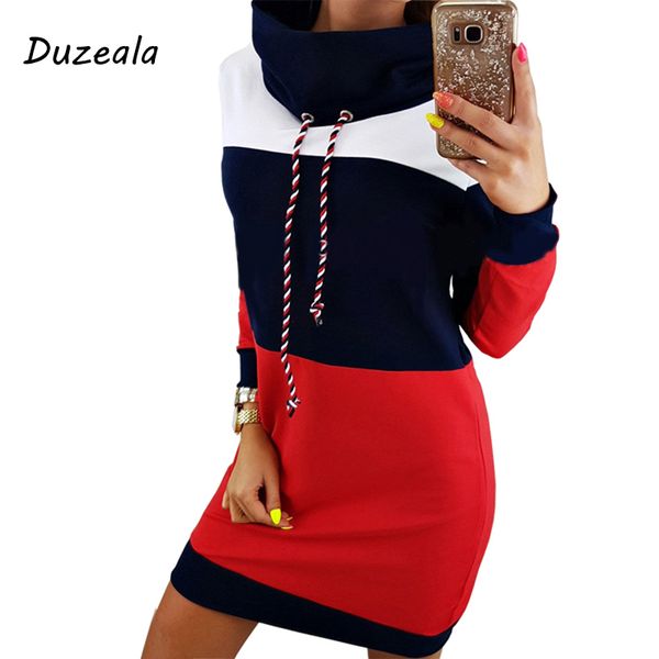 

duzeala women winter turtleneck long sleeve hooded plus size autumn striped colorful hoodie dress sweatshirt dress, Black;pink