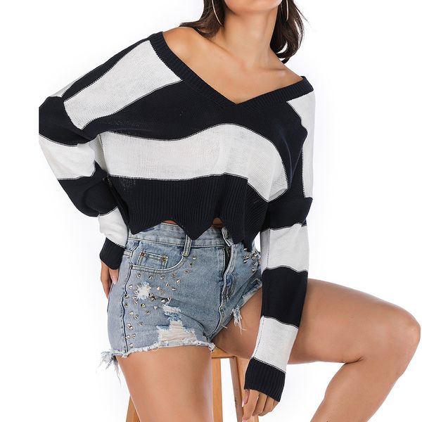 

autumn new sweater women fashion korean style women v-neck stripe long sleeve winter clothes 2019 blusa de frio feminina, White;black