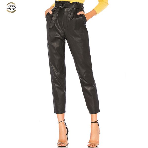 

women high waist pu leather pants ladies trousers leggings office lady pants women ankle-length pencil trousers with sashes, Black;white
