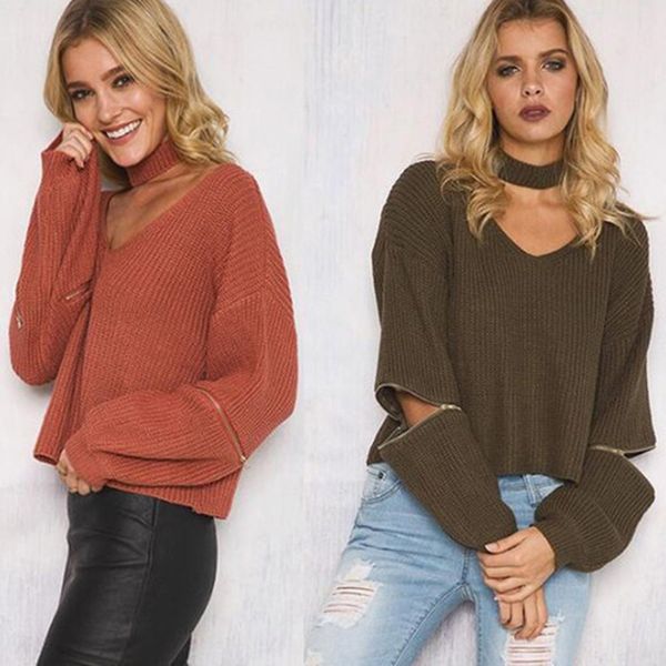 

womens designer neck v-neck sleeve zipper sweaterfqo2, Black;brown