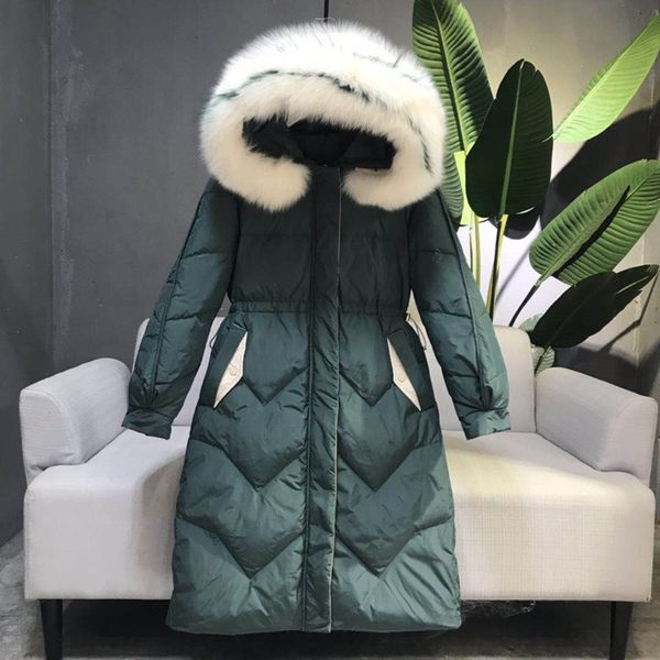 

2020 large real natural fox fur winter jacket women duck down jacket long down parkas female hooded pockets thick warm down coat, Black