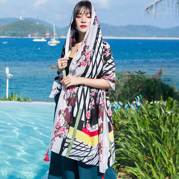 

summer women air conditioning shawl ethnic style travel scarf seaside beach towel female sunscreen scarf neckerchief, Black