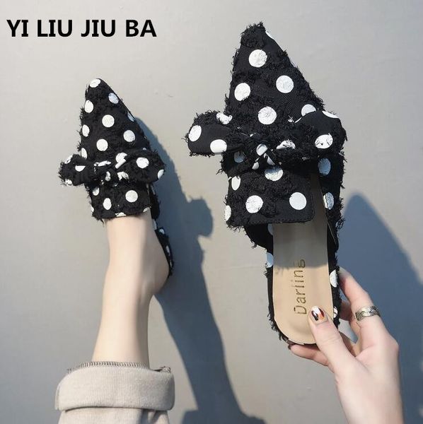 

new 2019 spring polka dot women flats shoes women sandals fashion bow tie casual pointed toe slip on slippers **150, Black