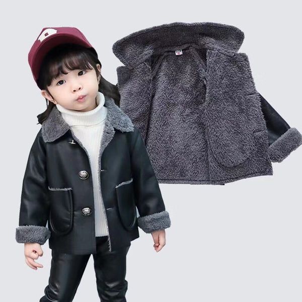 

girls plus velvet lapel single-breasted leather jacket kid fall winter coats new boy baby pu leather clothes short coat fashion, Blue;gray