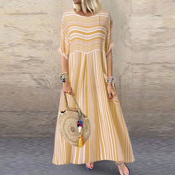 

summer dress loose print striped round neck half sleeves pocket bohemian style beach long dress, Black;gray