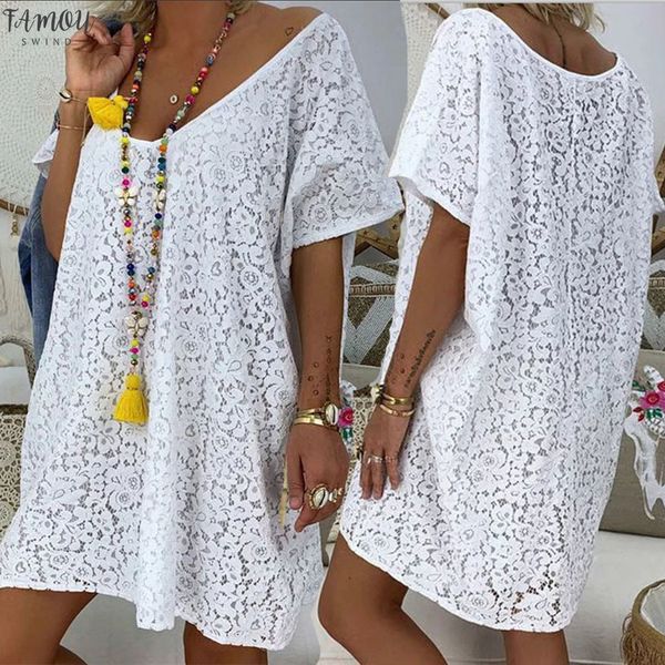 

short sleeve loose dress 2020 summer boho dress fashion womens lace short sleeve v neck casual print dress beach, Black;gray