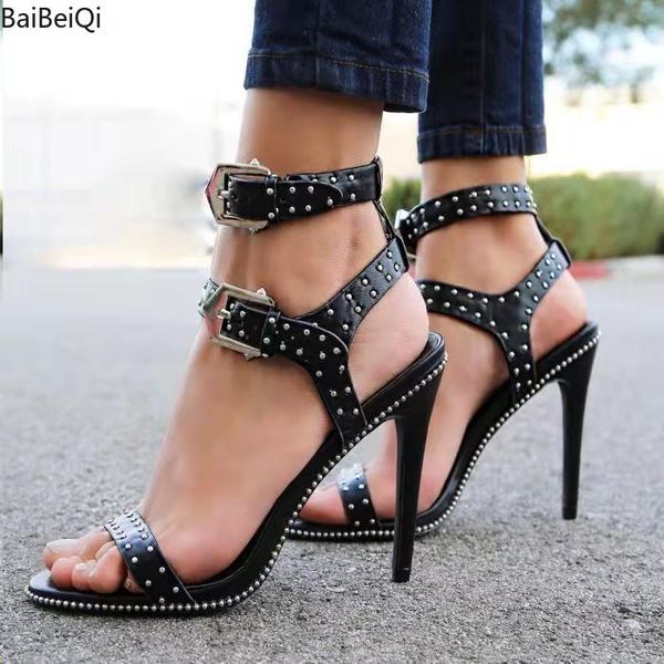 

women pumps high heels shoes women platform ankle strap rivets peep toe high heels wedding dress shoes sandals mujer, Black