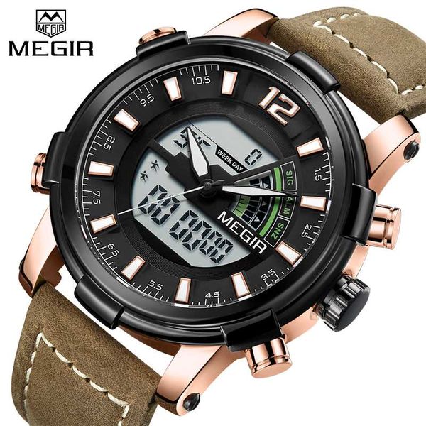 

2018 megir new men's fashion sport watch men leather waterproof quartz watches male digital led analog clock relogio masculino, Slivery;brown