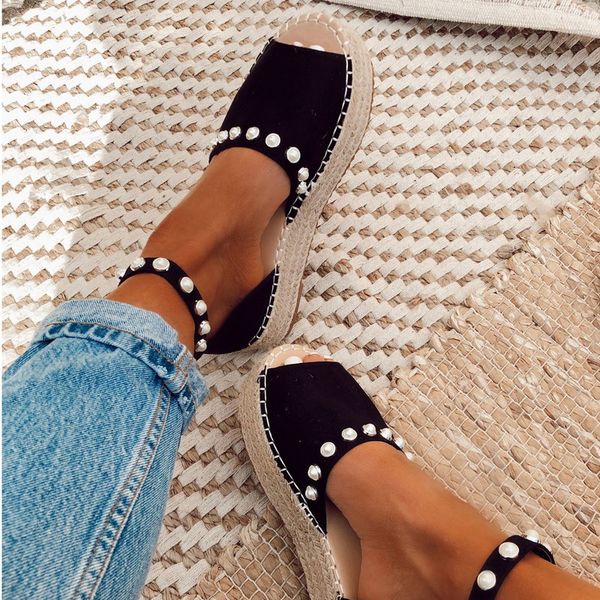 

pearl platform wedges sandals for women weave female causal high heels open toe comfort fish mouth zapatos de mujer, Black
