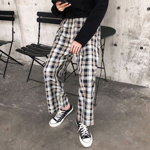 

new male streetwear hip hop japan korea style loose ankle length pants men women retro fashion casual plaid pant, Black