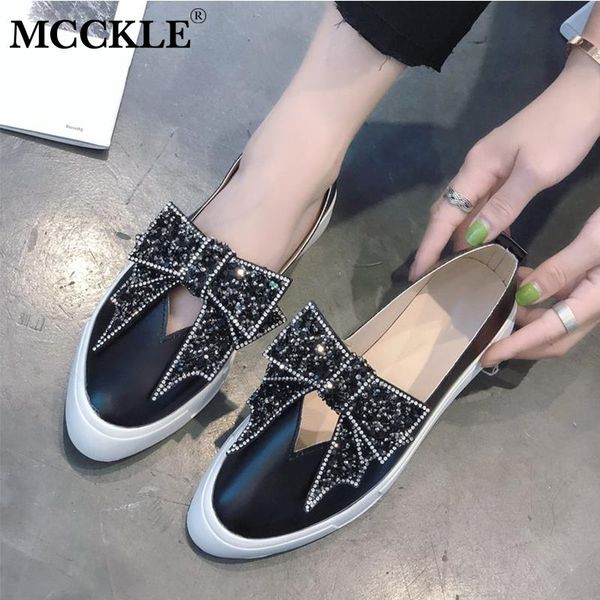 

mcckle women bling pu leather flat shoes woman autumn slip on casual vulcanized shoes female sewing fashion platform ladies 2020, Black