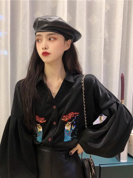 

women spring autumn fashion hongkong vintage style turn down collar lantern sleeve printing office lady simple casual shirts, White